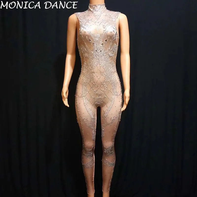 Sparkly Glass Stones Leotard Jumpsuit Silver Rhinestones Stretch Bodysuit Prom Party Women Singer Costume Nightclub Jumpsuit