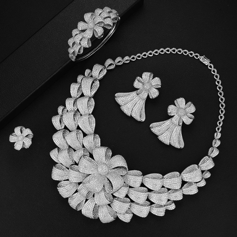 SisCathy Luxury Flower Bicolor Jewelry Sets Women Wedding Cubic Zirconia Dubai Gold Necklace Earrings Bangle Ring | Украшения и