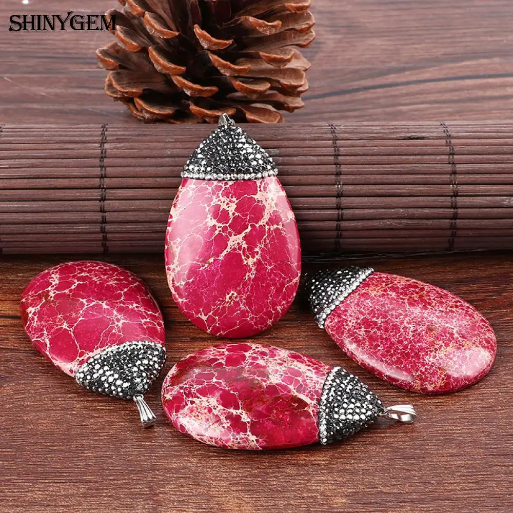 Большой природный камень-подвеска ShinyGem красного, зеленого и морской волны цветов, овальной и водяной формы из яшмы осадочного происхождения для создания ювелирных изделий своими руками.