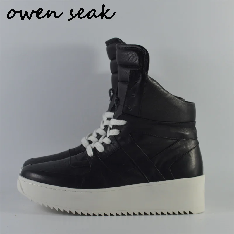 Owen Seak Men Shoes Genuine Leather High-TOP Ankle Boots Luxury Trainers Casual Lace-up Flats Fog Black Big Size |