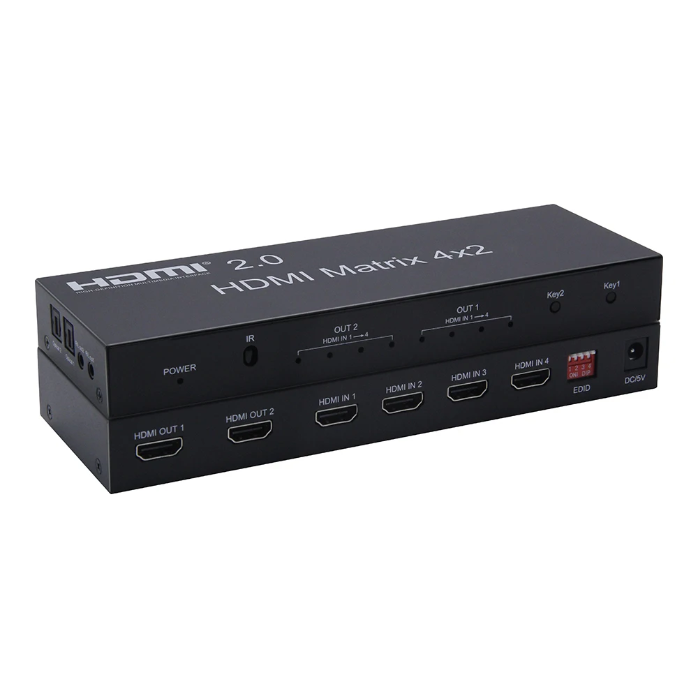 

HDMI-Compatible 2.0 Matrix Scaler 4x2 4K 60Hz EDID Switch Splitter Matrix Support Dual Audio out by Optical and Stereo 2.0/3D/4K
