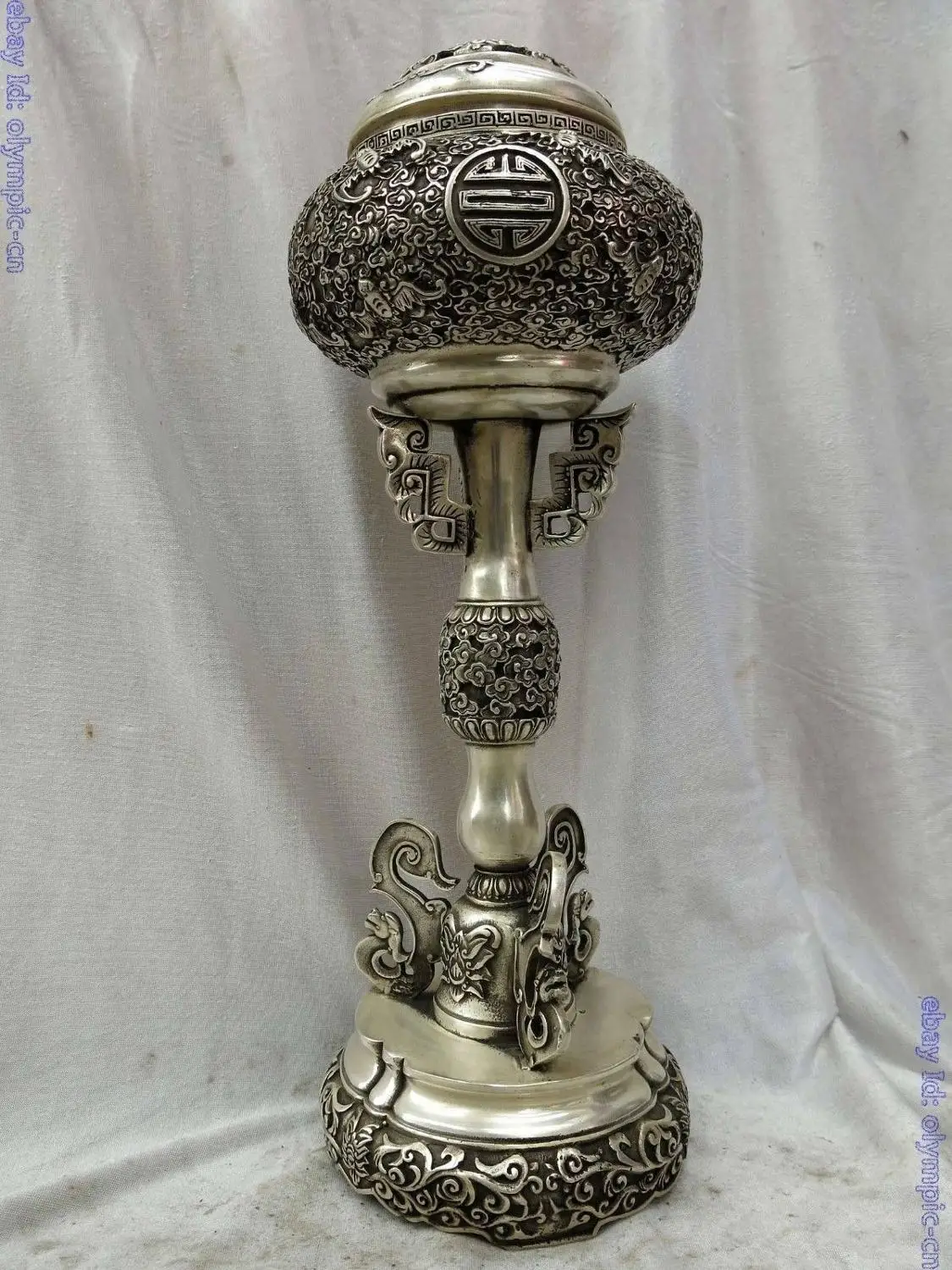 

22" China silver beautiful arabesquitic bat blessing incense burner censer