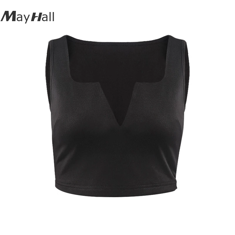 Женский короткий топ Mayhall белый/черный облегающий с треугольным вырезом на лето