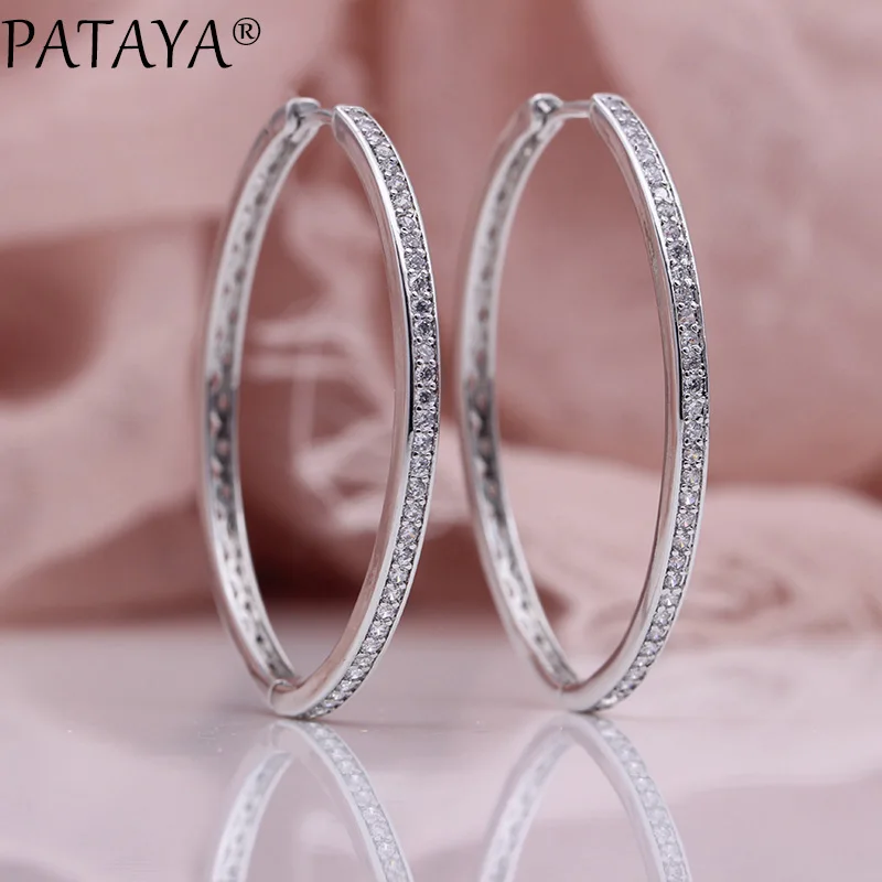 PATAYA, новинка, большие круглые серьги для женщин, модные, роскошные, полые, хорошее ювелирное изделие, 585, розовое золото, белый цвет, натуральный циркон, овальные свисающие серьги