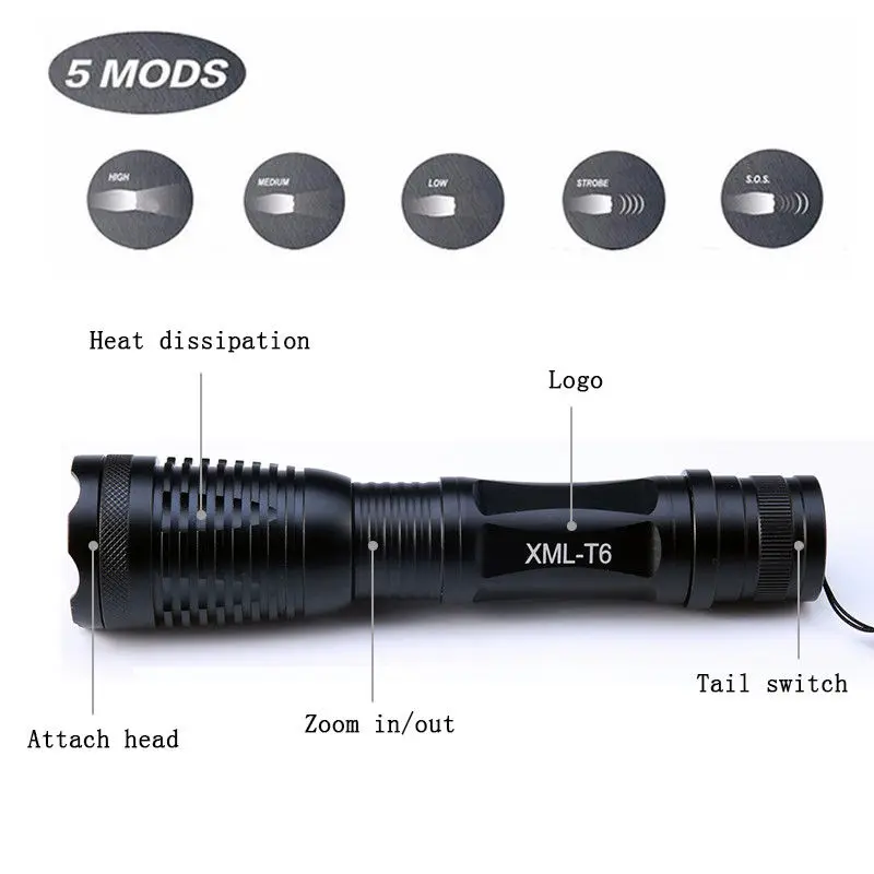 XM-L LED Flashlight 6000LM 10000LM Super Bright Torch Light with 18650 Battery Add Charger Zoomable Emergency Flash Up | Лампы и