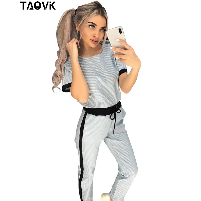 Женский костюм-двойка TAOVK, серый/черный костюм с приталенным топом с короткими рукавами и брюками, спортивный костюм с футболкой и брюками