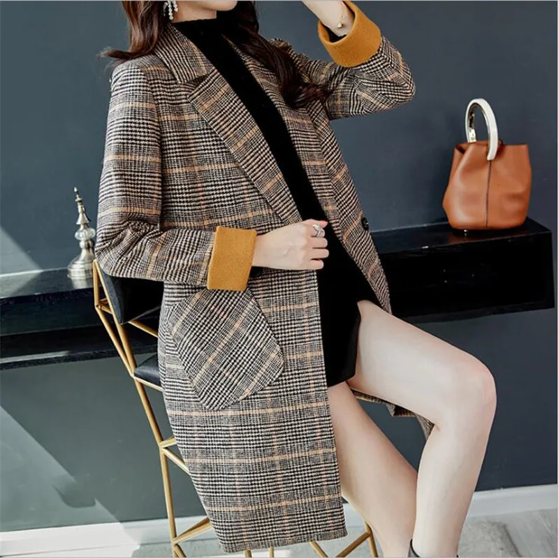 Женское шерстяное пальто в клетку Свободное длинное Корейском стиле зима 2021 |