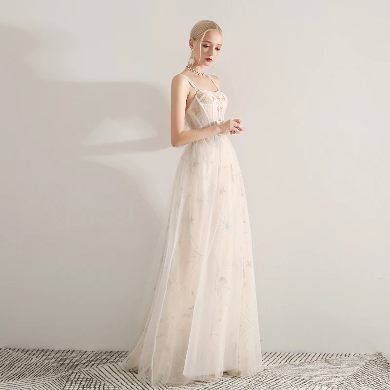SSYFashion Новое Вечернее платье, для банкета светильник цвета шампань длина до пола бисер Спагетти ремень Формальные Вечерние платья Robe De Soiree