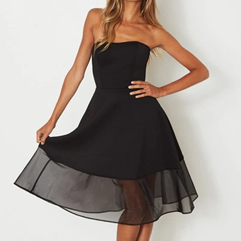 Женское Сетчатое платье до середины голени без бретелек а-силуэта модное черное