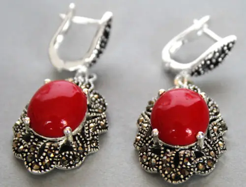 

Women Gift word Love Vintage 925 Sterling Red stone Marcasite Dangle Hook Earrings natural Luxury Ms. girl Wedding Jewelry