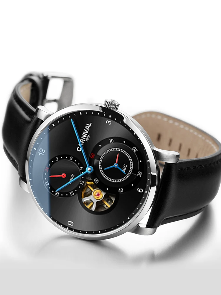 Модные Tourbillon механические часы карнавал ультра тонкие автоматические часы для мужчин сапфир 24 часа кожаный ремешок водонепроницаемые часы