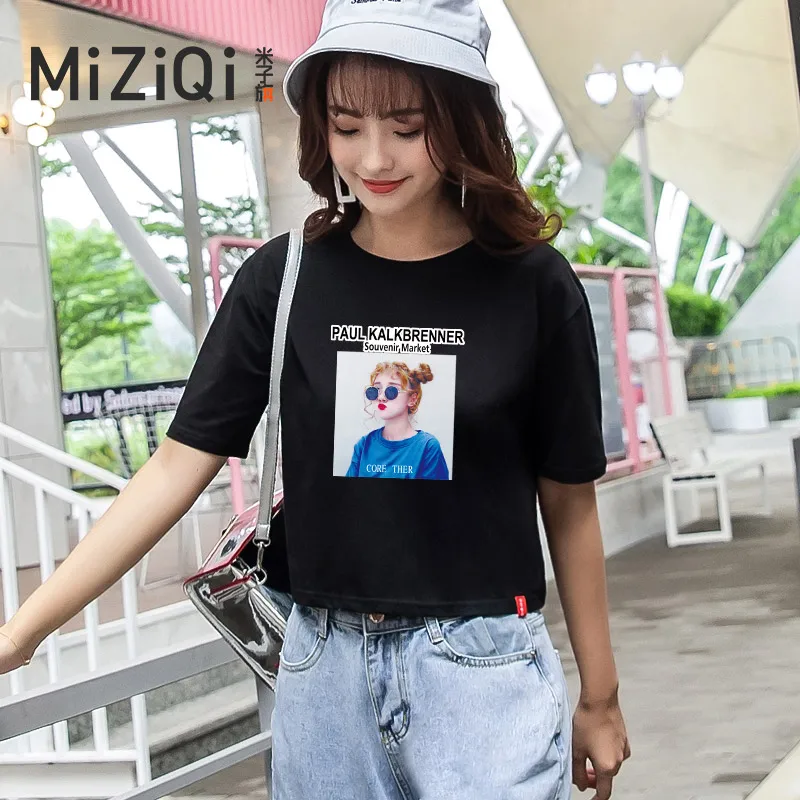 Короткая футболка с высокой талией рисунком пупка Женская Студенческая