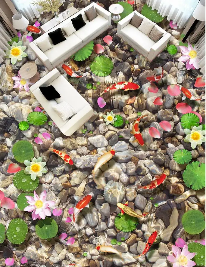 Пользовательские фото самоклеящиеся 3D пол лотоса карп камень домашний декор 3d