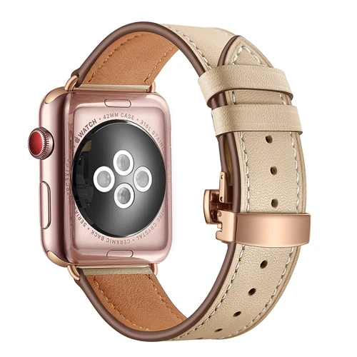 Ремешок из натуральной кожи для Apple Watch 3, 42 мм, 38 мм, ремешок из нержавеющей стали с бабочкой и пряжкой для наручных часов Iwatch Series 3, 2, 1 - Цвет ремешка: apricot