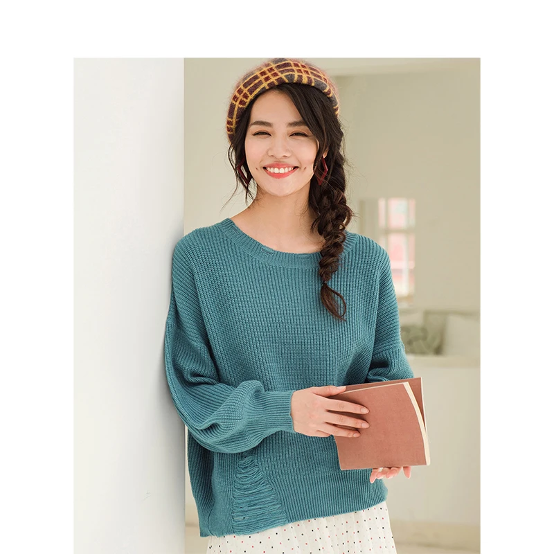 INMAN Winter Female Teenage Girl Scratch Lantern Sleeve Loose Pullover Sweater | Женская одежда