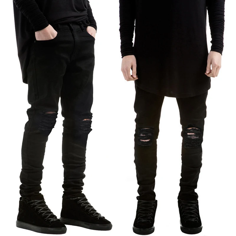 Джинсы мужские Стрейчевые с дырками мотоциклетные брюки в стиле хип хоп