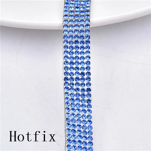 Blue Hotfix 1 ярд/партия, 5/6 строк, стразы, отделка 1 см, ширина SS6, горячая фиксация, самоклеющаяся лента с кристаллами, свадебное платье, украшение, свадебная аппликация - Цвет: Blue Hotfix