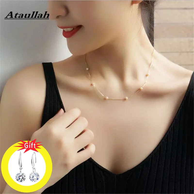 

Ataullah Trendy Fashion Shiny 925 Sterling Silver Floating Pearl Necklace Pendant Chain Choker For Women Girl Jewelry NW004NS2