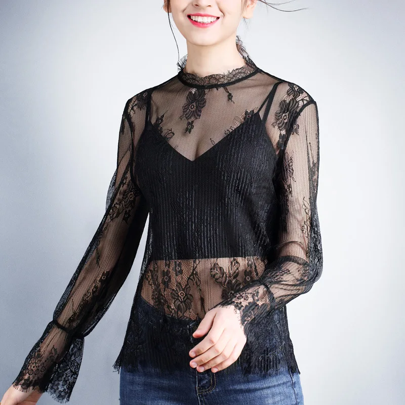 Черная Прозрачная Сексуальная кружевная нижняя рубашка с ресничками женский топ