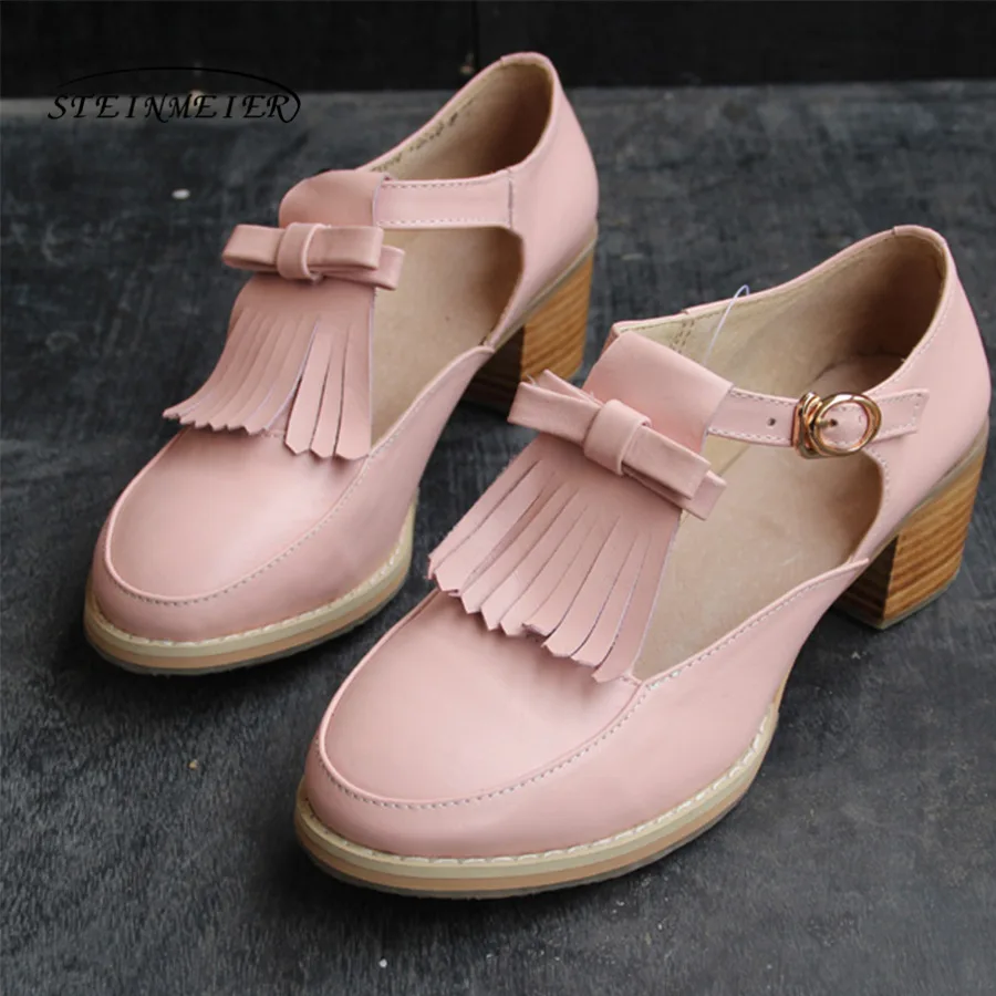 pink 5cm Женские туфли-оксфорды из натуральной кожи; обувь с кисточками; женские винтажные Туфли-оксфорды ручной работы на каблуке 5 см с круглым носком в британском стиле; летние туфли - Цвет: pink 5cm