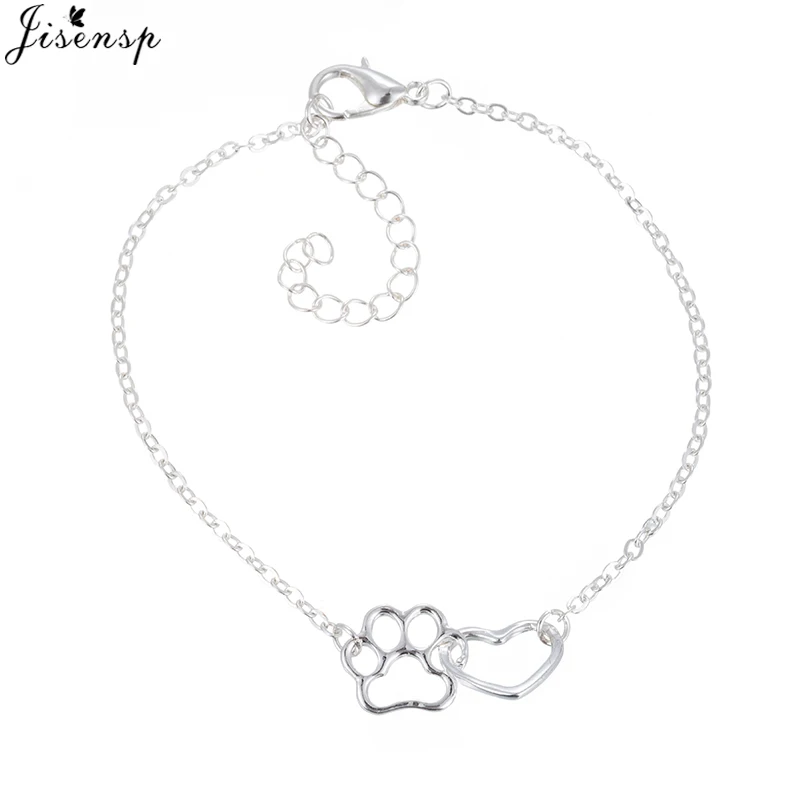 silver bracelet Jisensp полые браслеты в виде лапы для домашних животных Shellhards милые животные Tassut кошка собака Любовь Сердце браслет для женщин браслеты - Окраска металла: silver bracelet