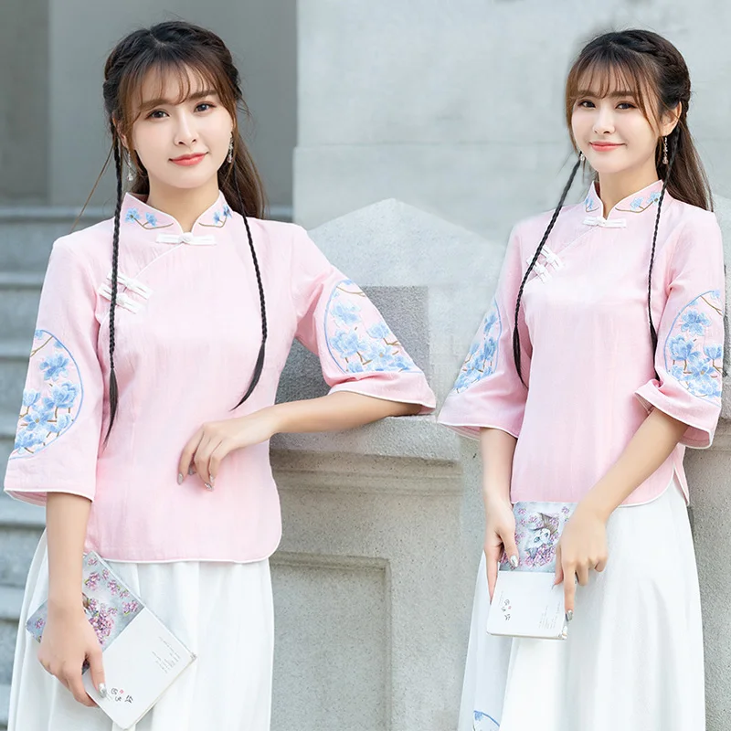 Китайский костюм с вышивкой в винтажном стиле из хлопка и льна Китайская