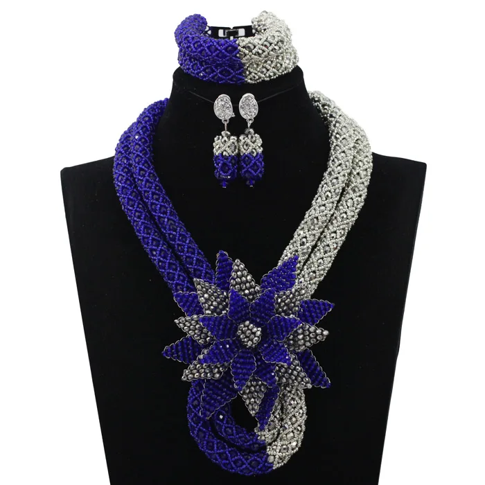 Latest Royal Blue/Silver Beauty Jewelry Set African Bride Crystal Floral Costume Necklace Flower Brooch Free Shipping ABL578 | Украшения и