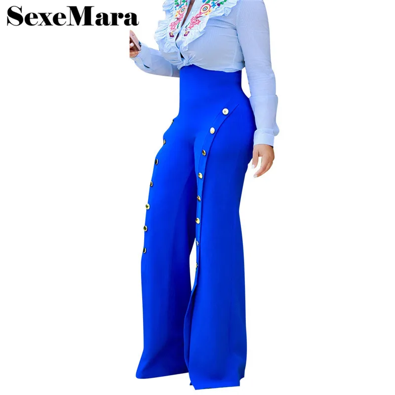 2019 модные брюки палаццо с пуговицами сбоку женские высокой талией летние