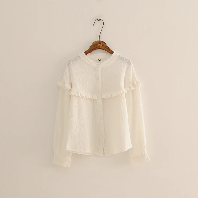 ruffled patchwork solid color long sleeve basic shirt blouse Female |