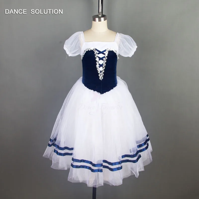 Dark Blue 18700 бархатное трико с лифом с пышными рукавами и романтической фатиновой юбкой Балетная пачка для девочек и женщин сценическое танцевальное бальное платье 2 цвета - Цвет: Dark Blue