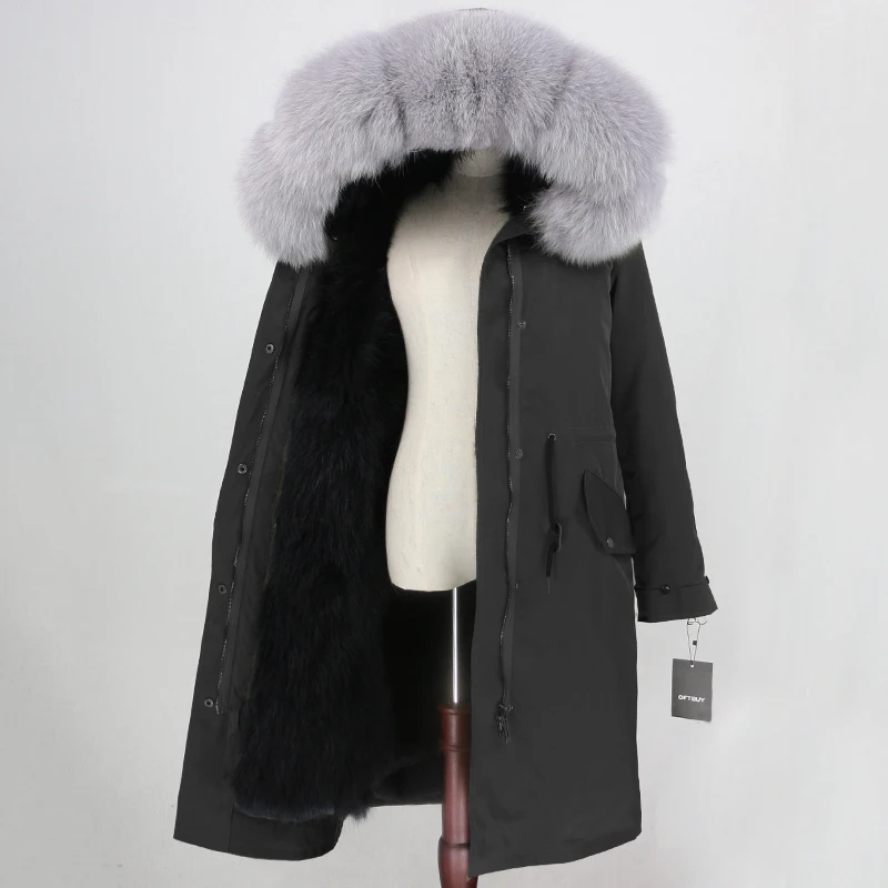 black black grey OFTBUY X-long Parka, водонепроницаемая ткань, верхняя одежда, зимняя куртка для женщин, натуральный Лисий мех, капюшон, Лисий мех, подкладка, натуральный мех, пальто, съемный - Цвет: black black grey