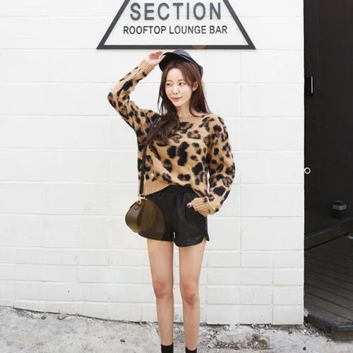 Женский Зимний вязаный свитер с леопардовой раскраской пуловеры круглым вырезом