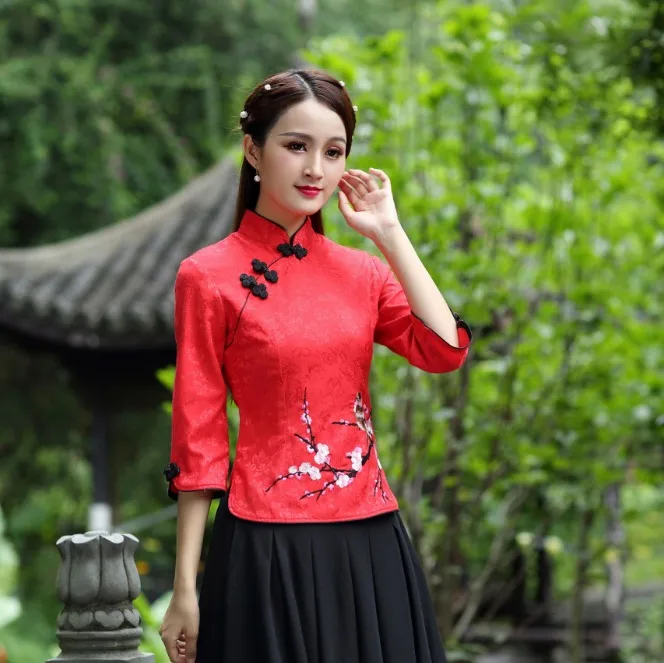 Красный Женский китайский Топ Cheongsam, блузка из хлопка с вышивкой сливы, 7 точек, рукав Tang 4XL размера плюс - Цвет: Красный