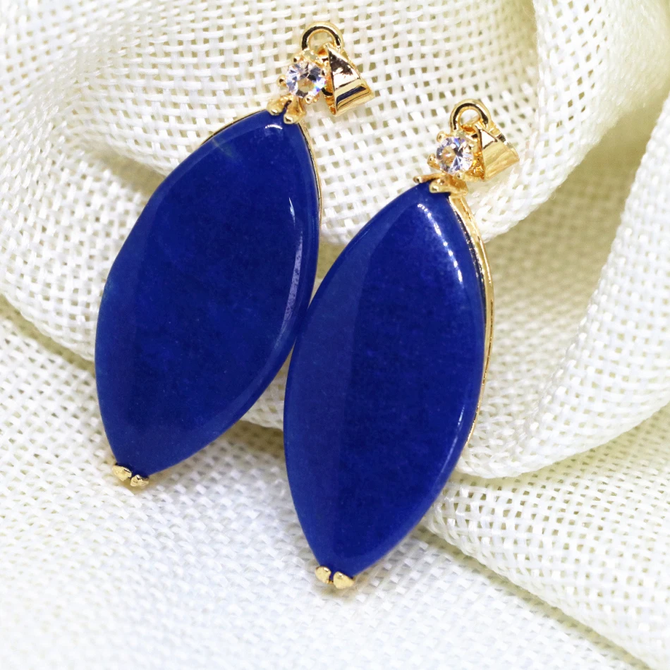 Wholesale Women Oval Drop Pendant Blue Natural Stone Chalcedony Lapis Lazuli Fashion Elegant Gold-color Jewelry 18*38mm B1874 | Украшения и