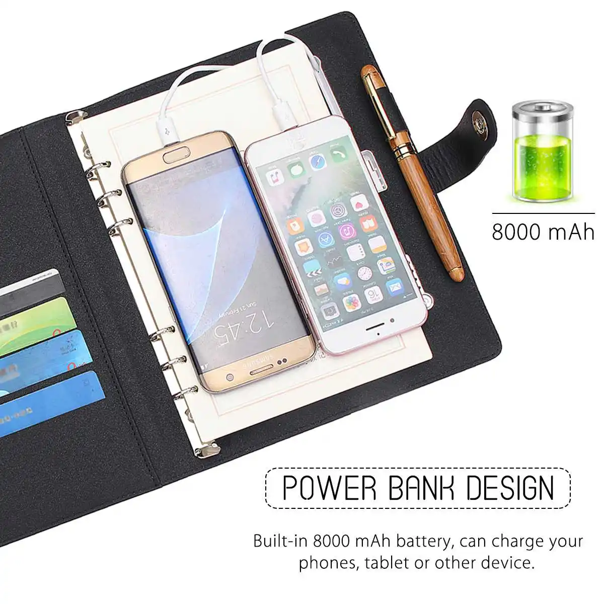 Многофункциональный А5 power Bank ноутбук 8000 mAh power Bank Qi Беспроводная зарядка записная книжка Переплетчик дневник на спирали книга