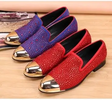 

New Arrived Royal Blue Rhinestone Mens Loafers Luxury Slip-on Suede Men Dress Shoes Handmade Men's Wedding And Prom Shoes 38-46