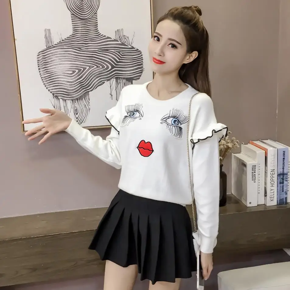 sweater women spring autumn winter 2017 feminina thin pullover fashion falbala embroidery nail bead white female A4542 | Женская одежда