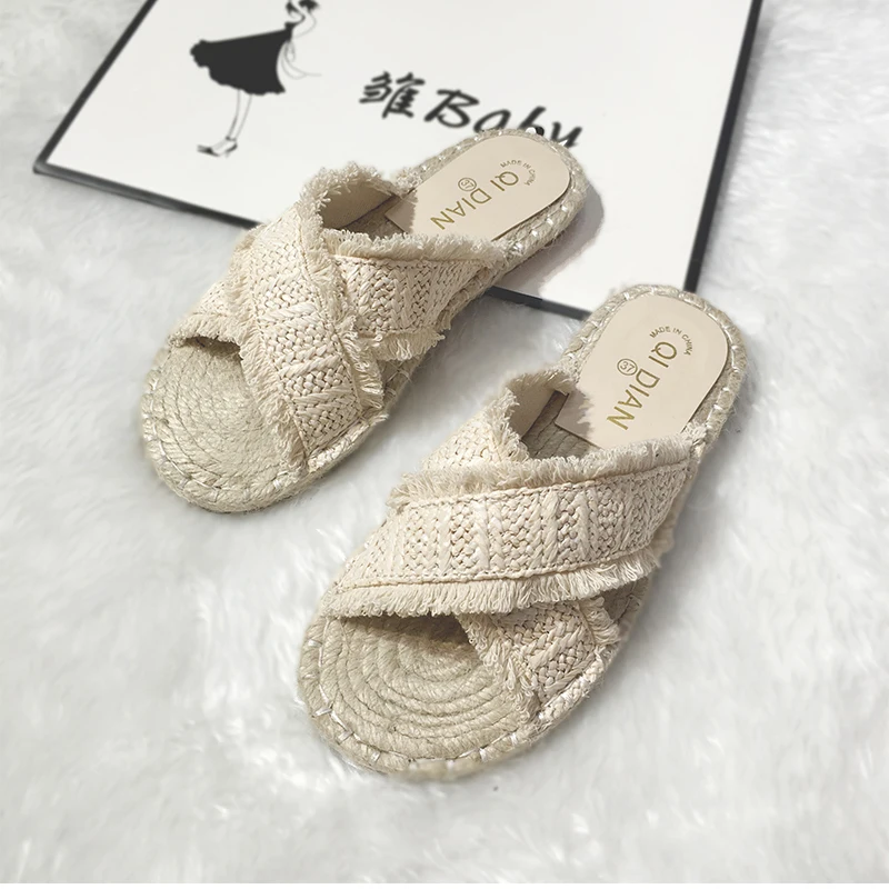 Женские соломенные тапочки в стиле бохо с тростником летние пляжные шлепанцы для