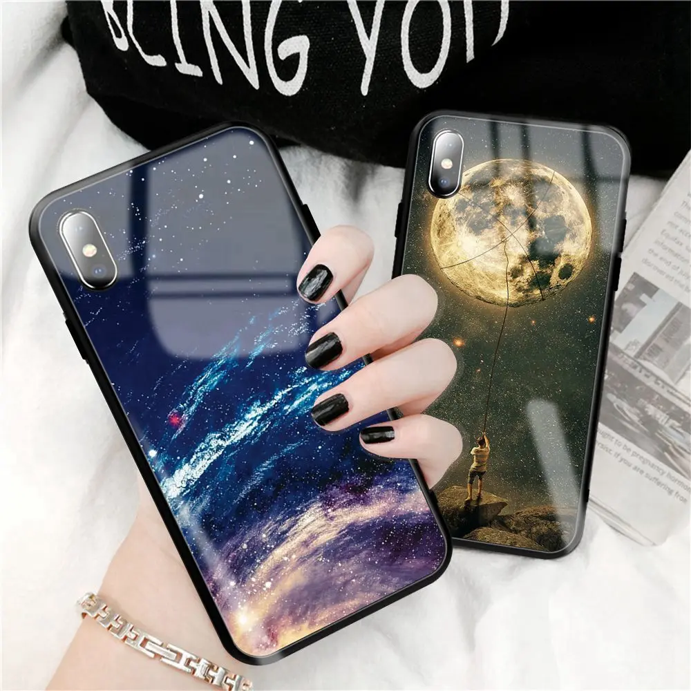 Tempered Glass Phone Case For iPhone 7 8 XR XS MAX Star Space Cover 6 6s Plus X Luxury Silicone Coque |