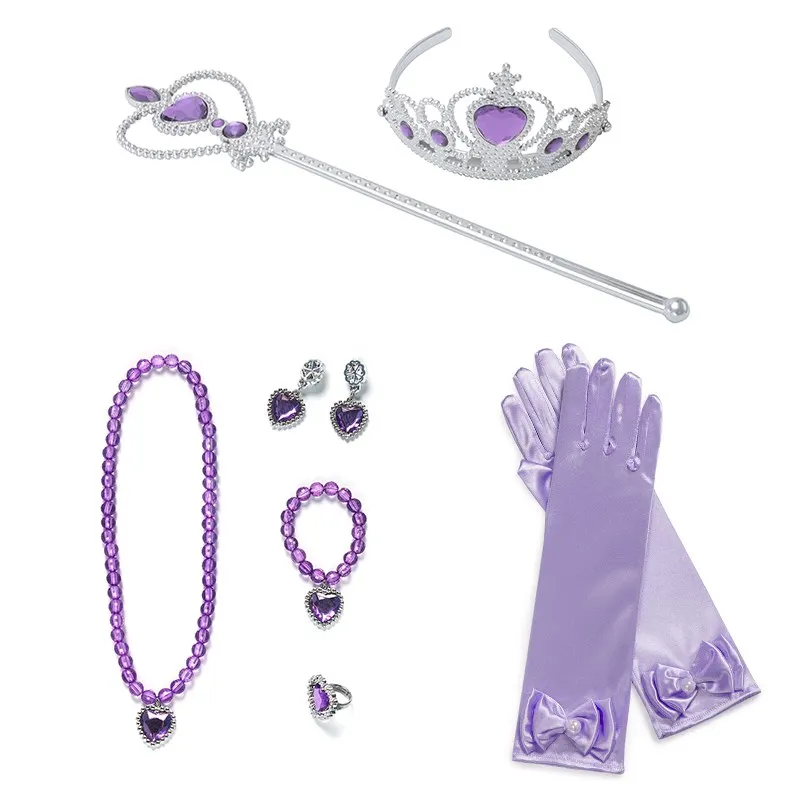 Purple 9 Pcs Set MUABABY девушки София платье детей короткий рукав Делюкс София принцесса костюм Дети Хэллоуин косплей фантазии вечерние платья - Цвет: Purple 9 Pcs Set