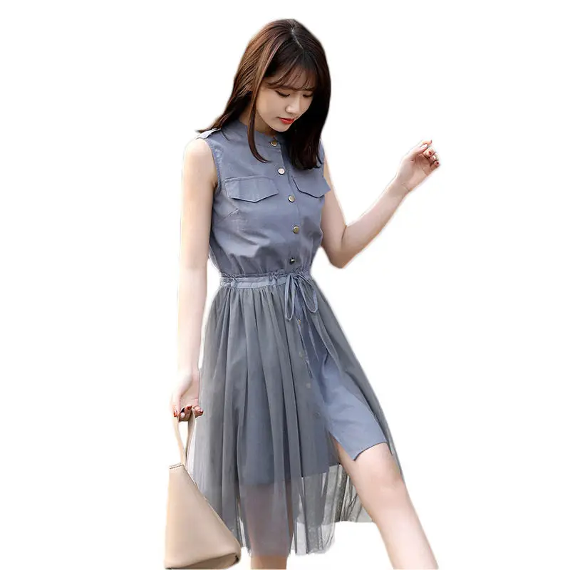 Женское длинное Сетчатое платье-рубашка однобортное без рукавов в стиле пэчворк