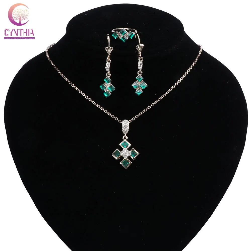Зеленый Кристалл Костюм Свадебные Ювелирные наборы для женщин кулон и ожерелье