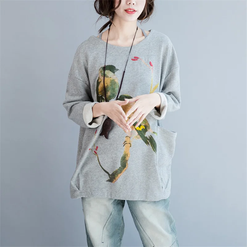 Толстовка большого размера с принтом птицы в Корейском стиле бисером новинка