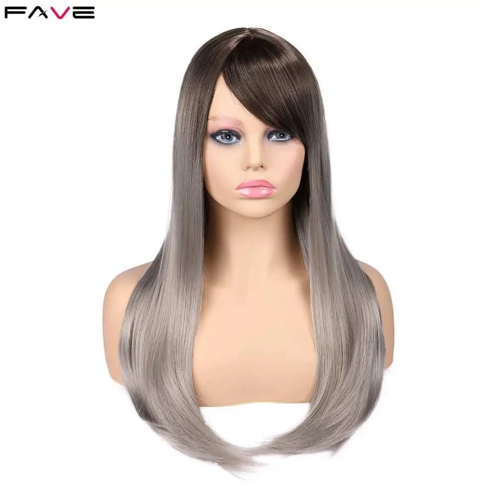 

FAVE Synthetic Wig Straight Flax Silver 20 Inch With Side Part Bang Gradient Color Hair End Natural Size Adjust For Black Women
