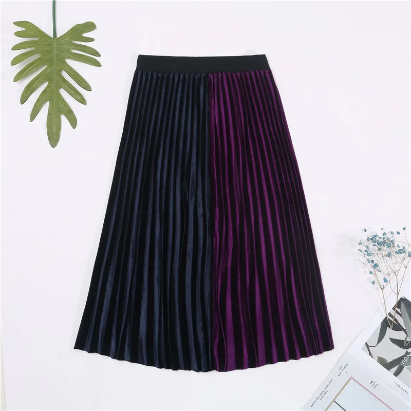 5 NavyBlue Purple 7 цветов Осень Зима Дамы Высокая талия тощий женский пэчворк бархат Длинная женская юбка в складки юбки элегантная женская юбка - Цвет: 5 NavyBlue Purple