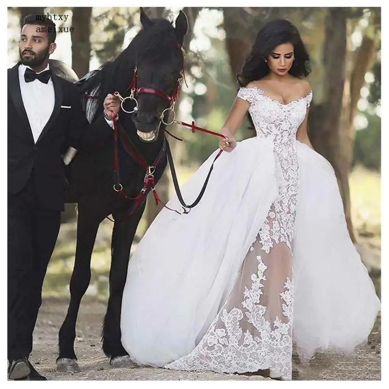 

Luxury African Sexy Wedding Dresses Mermaid Appliques Detachable Train Classical Bridal Gowns 2020 Elegant Informal Bride Dress