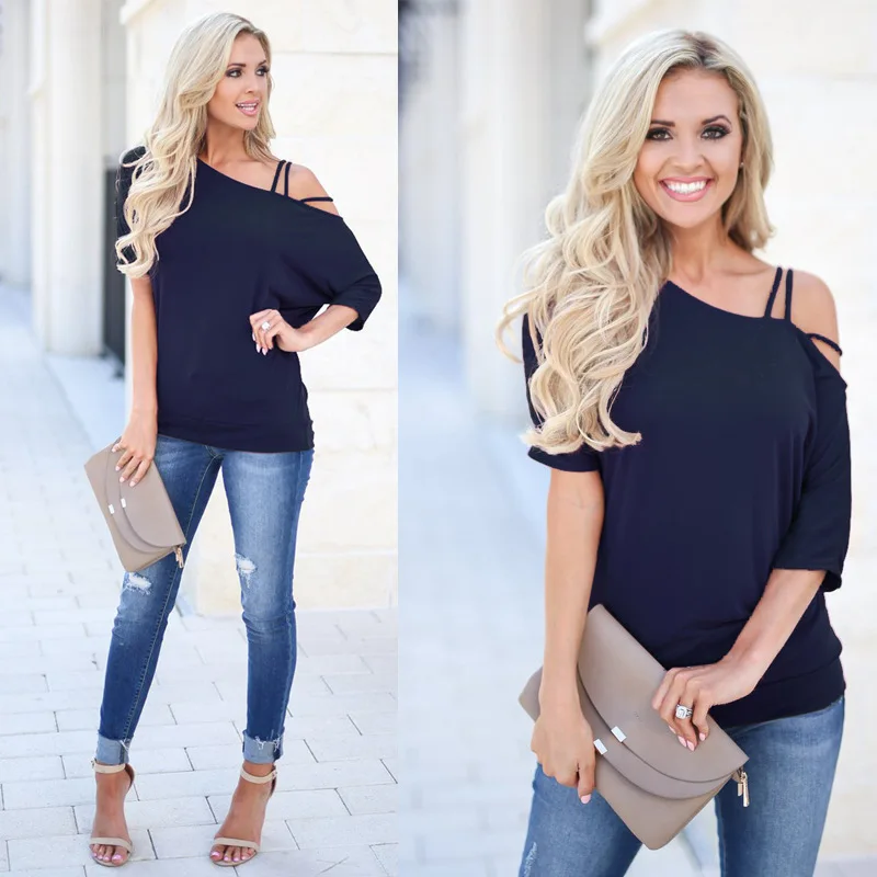 101055dark blue Свободное длинное платье с длинными рукавами футболки женское Открытое плечо сексуальная хлопковая футболка короткий рукав лето Новые однотонные топы модная одежда - Цвет: 101055dark blue