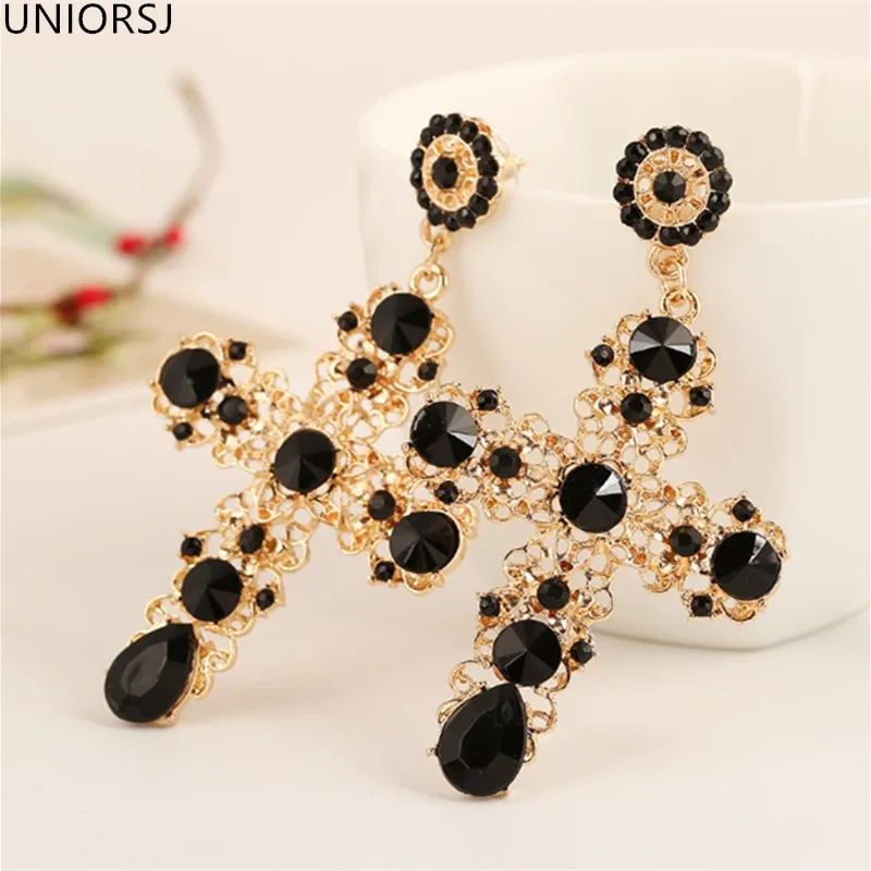 Новые винтажные черные Кристальные серьги капли с крестиком для женщин красные