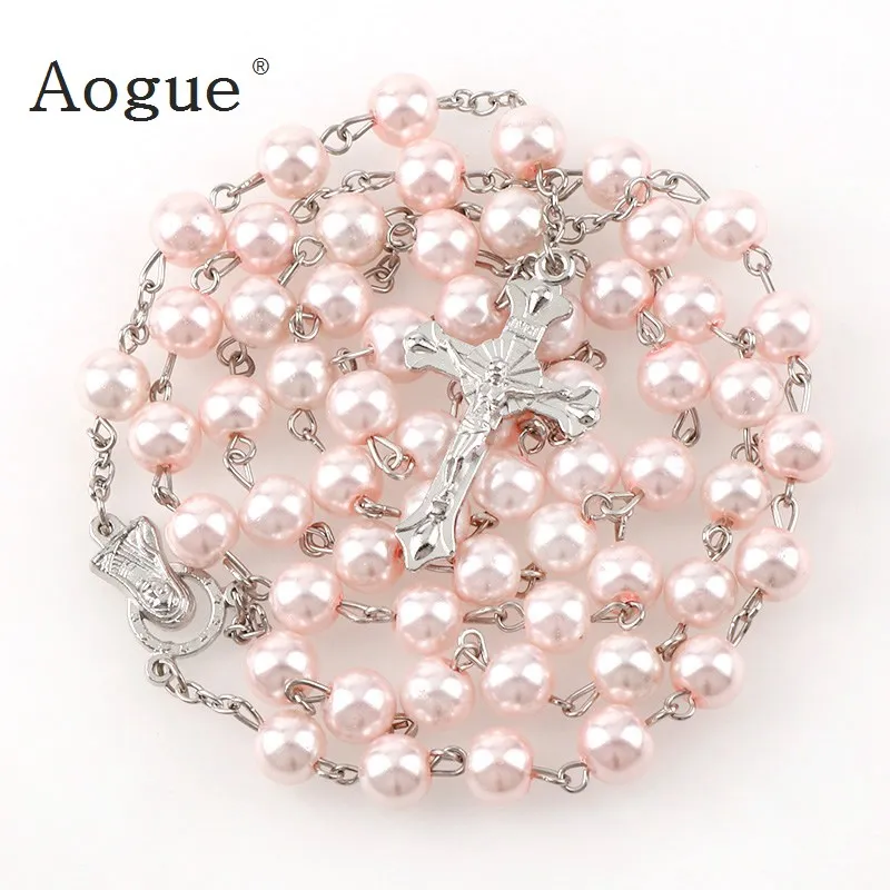 

15 Colors 8mm long glass Imitation pearl bead rosaries Necklace Silver Drop Cross Virgin Mary Center Rosary Jesus Pendants