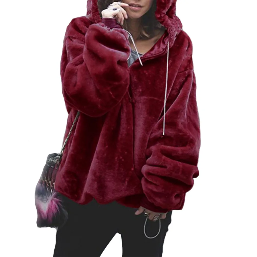 Hitmebox 2019 News Autumn Winter Fashion Women's Long Sleeve Casual Loose Fuzzy Warm Fleece Plus Size Hooded Outerwears Sweater | Женская